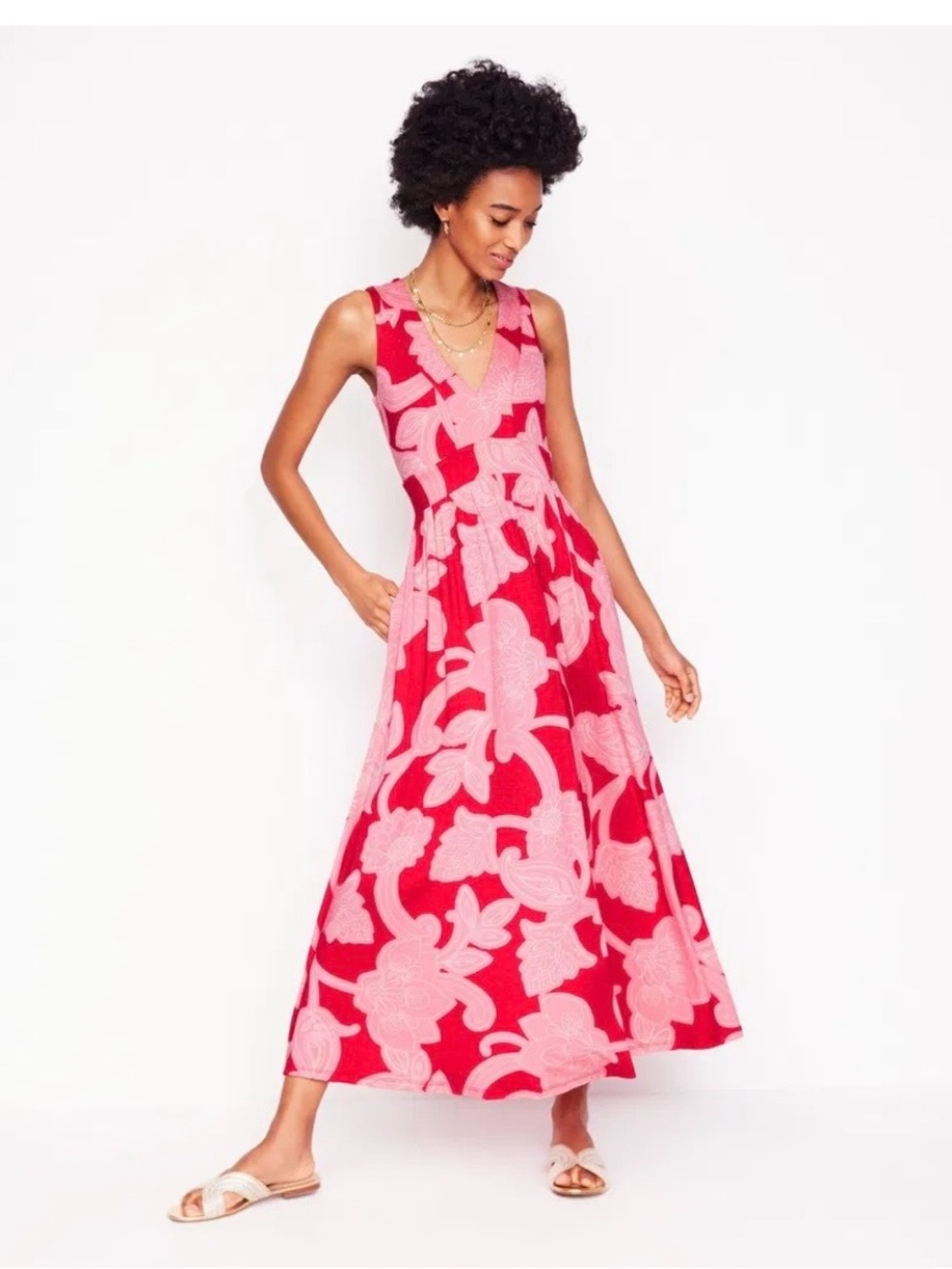 Boden Olympia Jersey Women’s Pink Floral V-Neck Sleeveless Maxi Dress - Picture 3 of 8